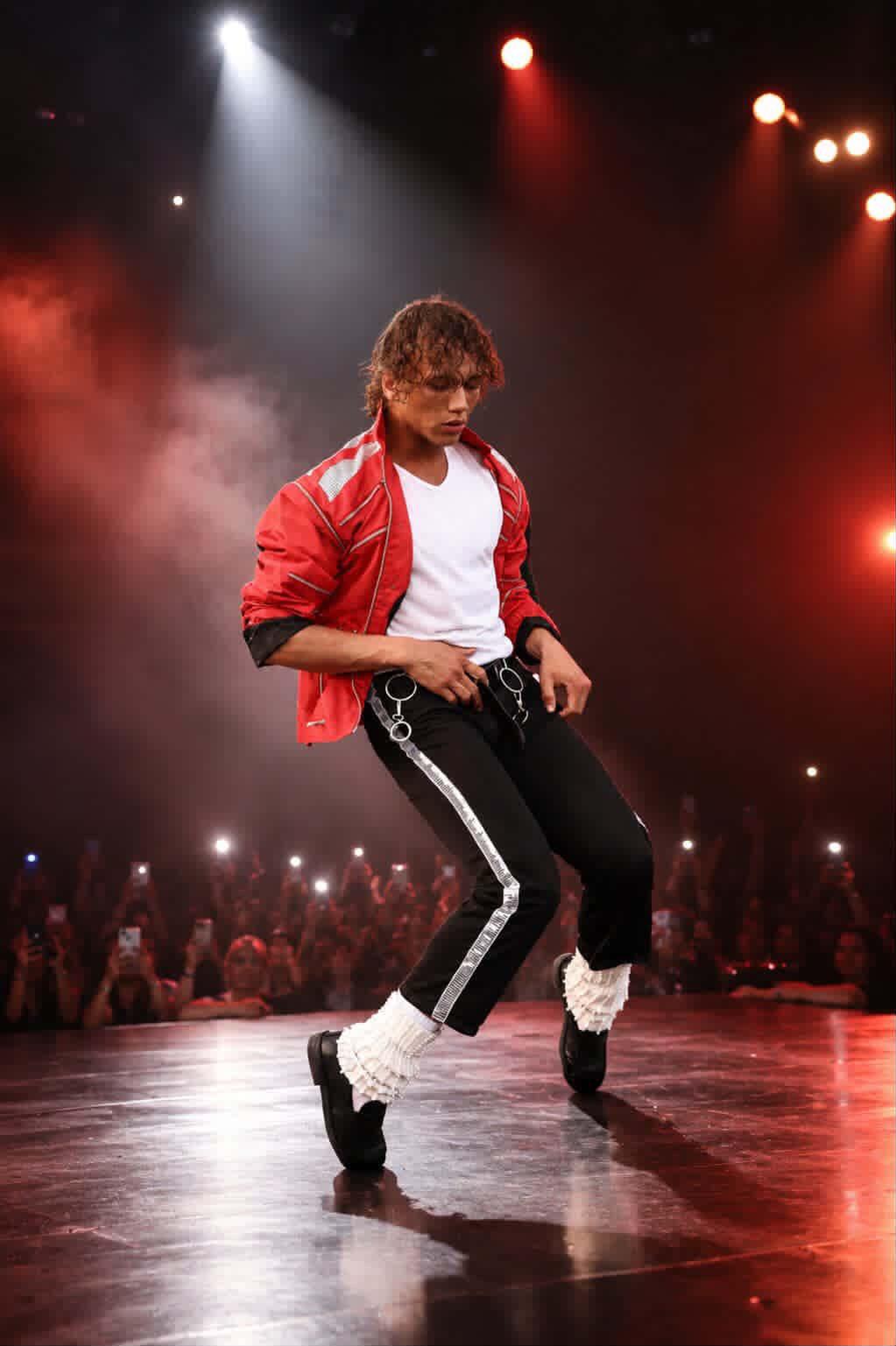 Addison Wonderland performing a live Michael Jackson tribute on stage in London under red lights